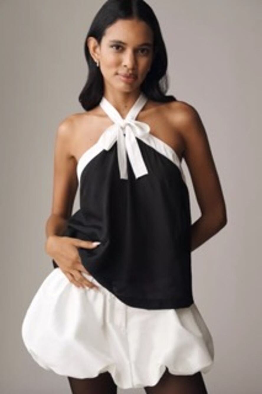 Anthropologie Maeve Halter Bow Blouse Black White Size L